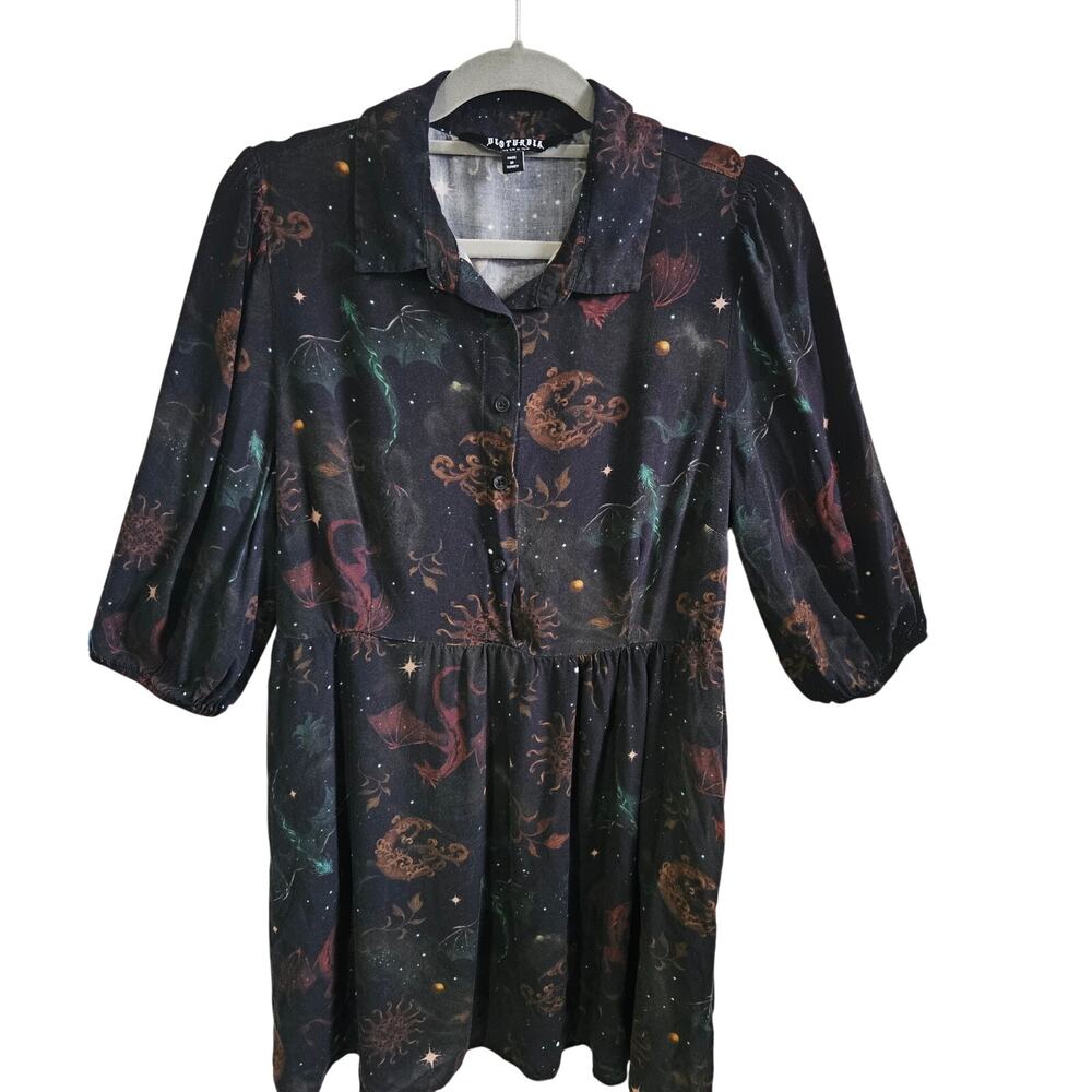 Disturbia Phoenix Dragon Printed Mini Shirt Dress Black Celestial Witchy Size 12